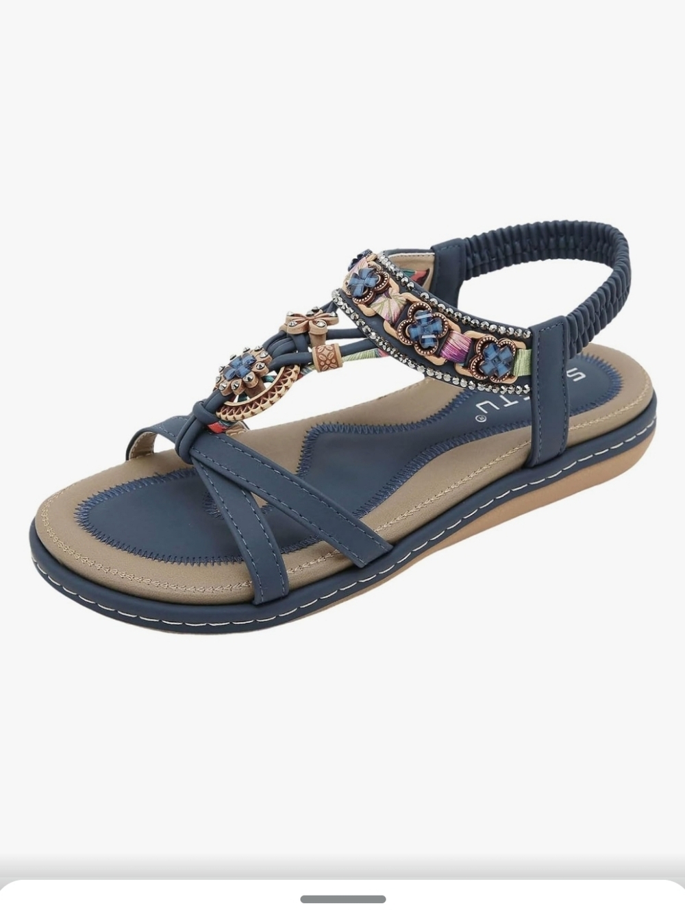 Navy Embellished T-Strap Women's Sandal Size 5.5